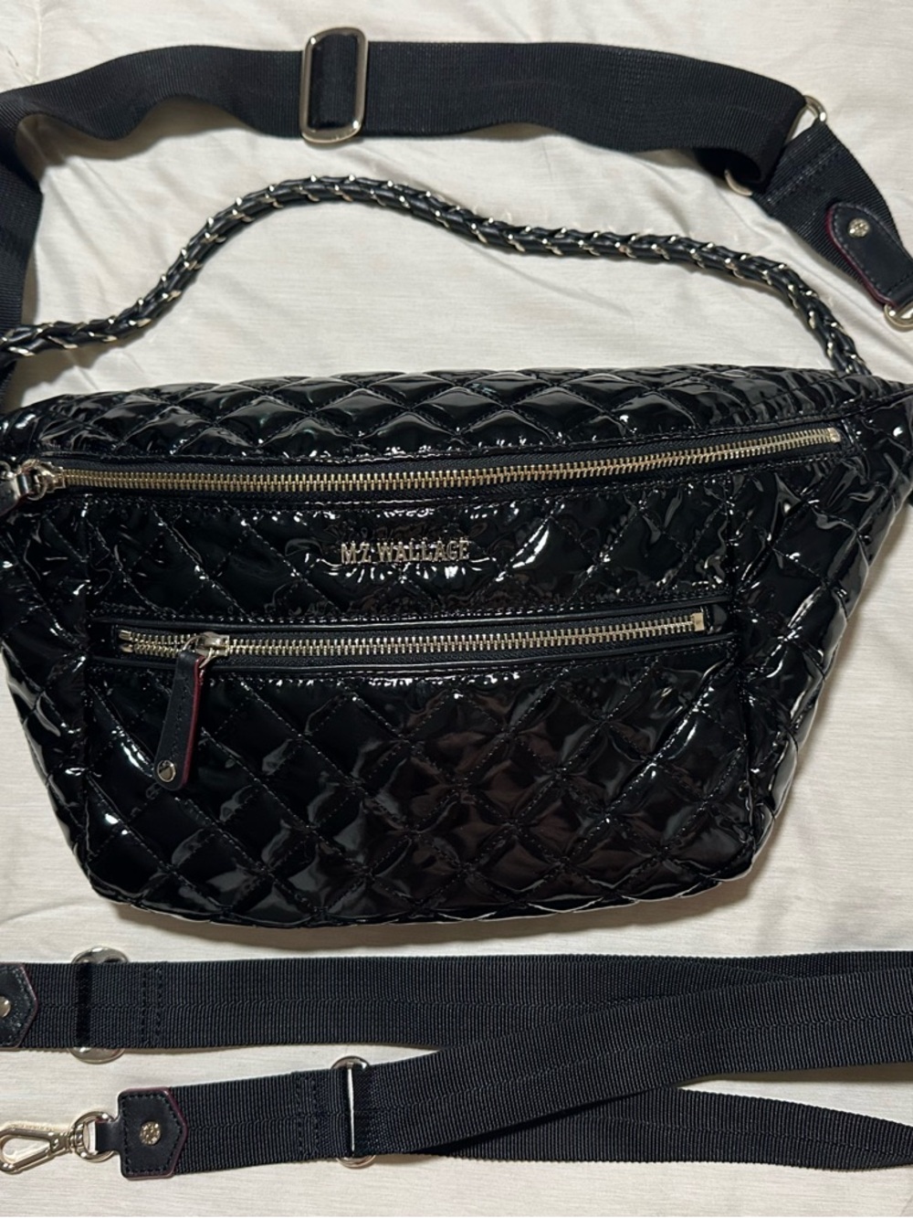 MZ Wallace Black Quilted Patent Crossbody Belt Bag with Chain Detail